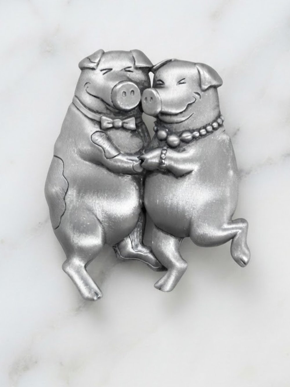 Vintage JJ Jonette Jewelry Dancing Pigs Brooch Pin Pewter